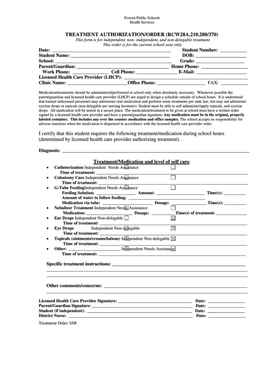 Treatment Authorization/order Form Printable pdf