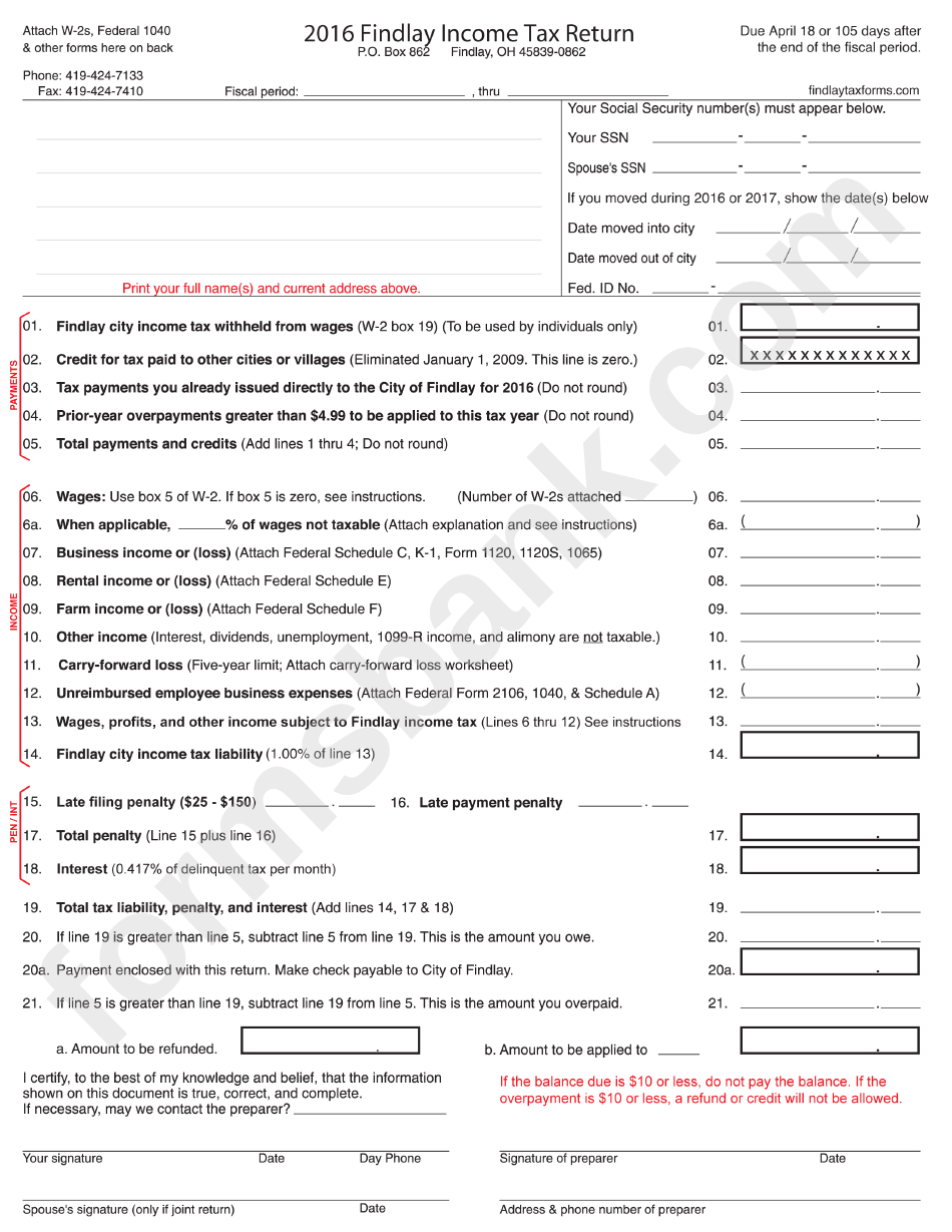 Form W-2s - Findlay Income Tax Return Form - 2016