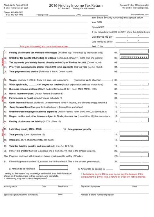 Fillable Form W-2s - Findlay Income Tax Return Form - 2016 Printable pdf