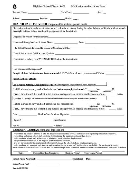Medication Authorization Form Printable Pdf Download
