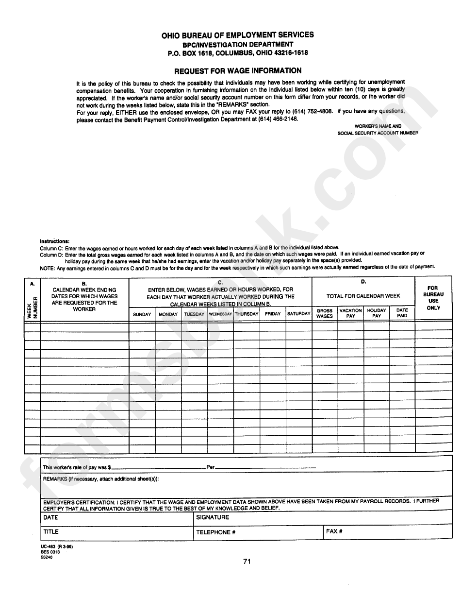 Form Uc-483 - Request For Wage Information - Ohio Bureau Of Employment Services