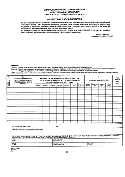 Form Uc-483 - Request For Wage Information - Ohio Bureau Of Employment Services Printable pdf