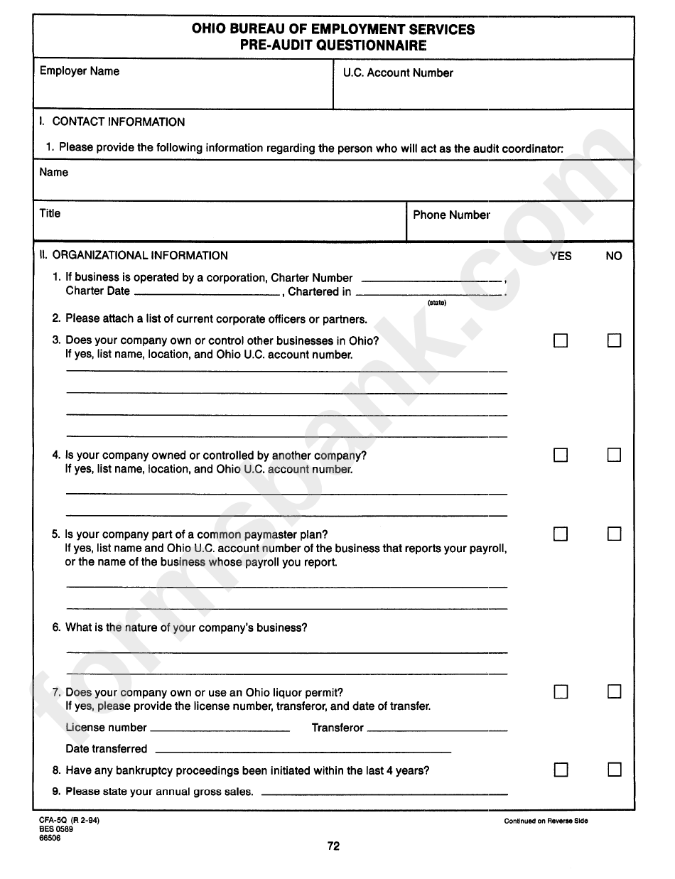Form Cfa5q PreAudit Questionnaire Ohio Bureau Of Employment