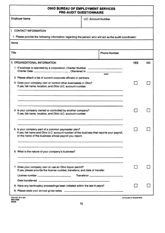 Form Cfa-5q - Pre-Audit Questionnaire - Ohio Bureau Of Employment Services Printable pdf