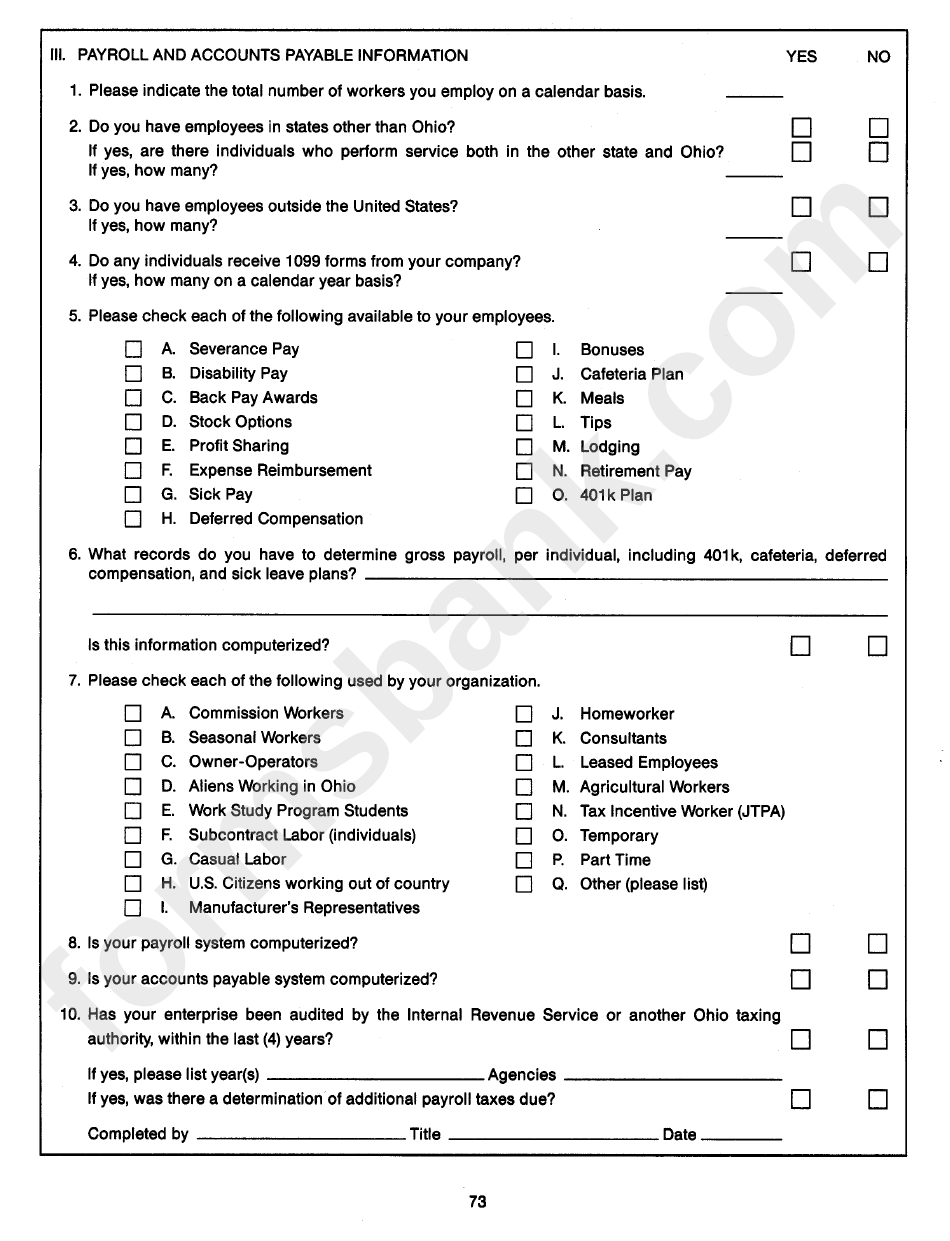 Form Cfa-5q - Pre-Audit Questionnaire - Ohio Bureau Of Employment Services