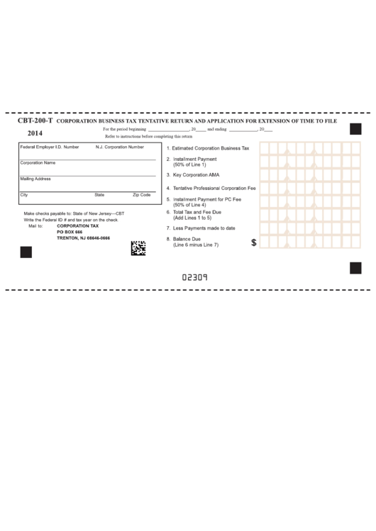 Fillable Form Cbt-200-T - Corporation Business Tax Tentative Return And Application For Extension Of Time To File 2014 Printable pdf