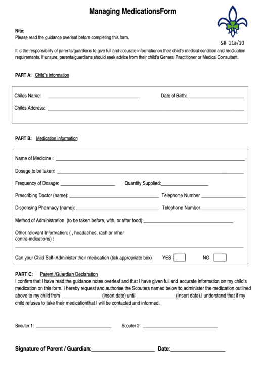 Managing Medications Form Printable pdf