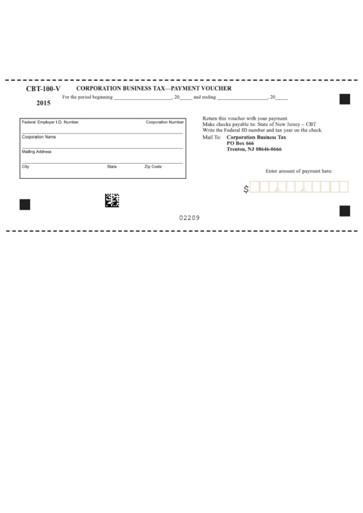 Fillable Form Cbt-100-V - Corporation Business Tax - Payment Voucher 2015 Printable pdf