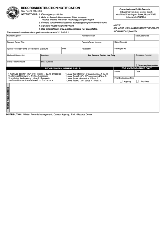 Fillable State Form 16 - Records Destruction Notification - Indiana Government Center South Printable pdf