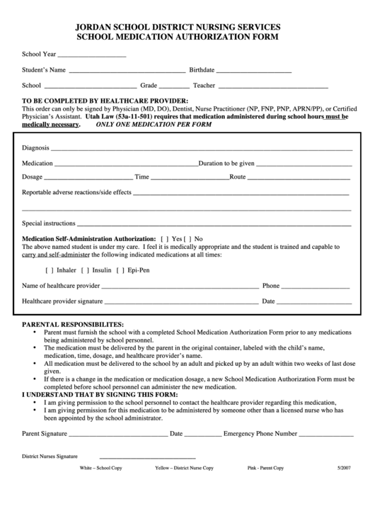 School Medication Authorization Form Printable pdf