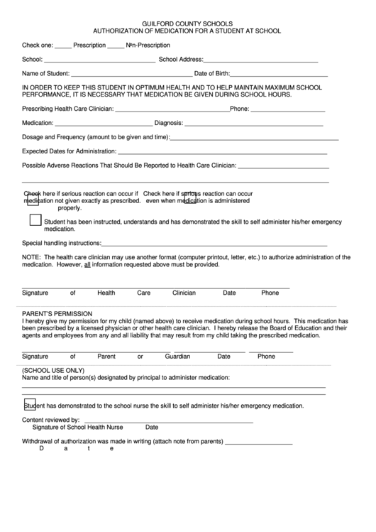 Authorization Of Medication For A Student At School Form Printable pdf
