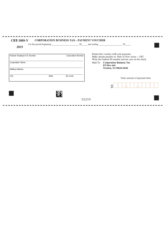 Fillable Form Cbt-100s-V - Corporation Business Tax - Payment Voucher 2015 Printable pdf