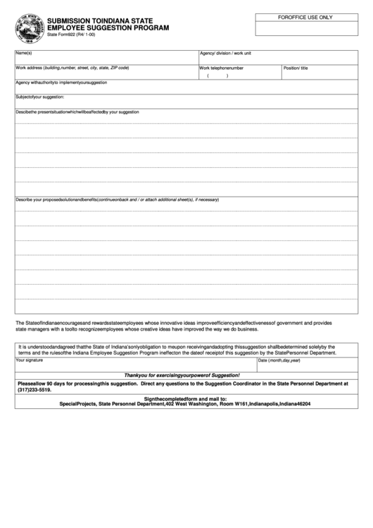 Fillable State Form 922 - Submission To Indiana State Employee Suggestion Program Printable pdf