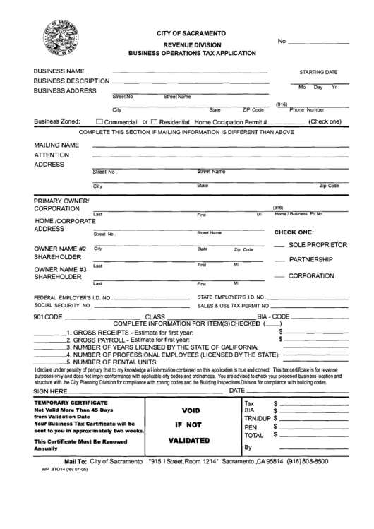 Business Operations Tax Application Form - City Of Sacramento Printable pdf