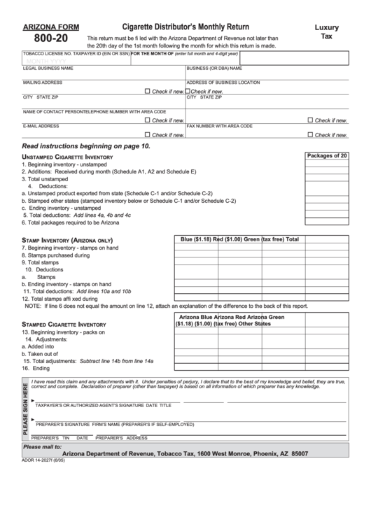 Fillable Arizona Form 800-20 - Cigarette Distributor