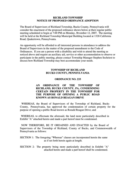 Notice Of Proposed Ordinance Adoption Form - Richland Township Printable pdf