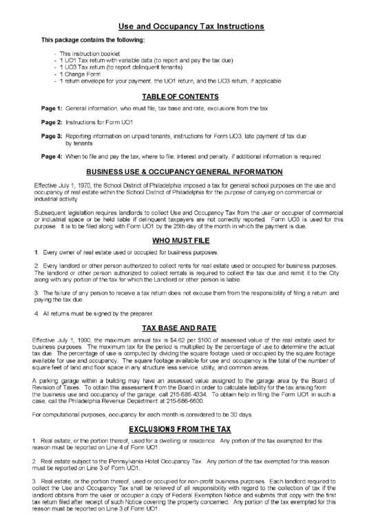 Use And Occupancy Tax Instructions Sheet Printable pdf