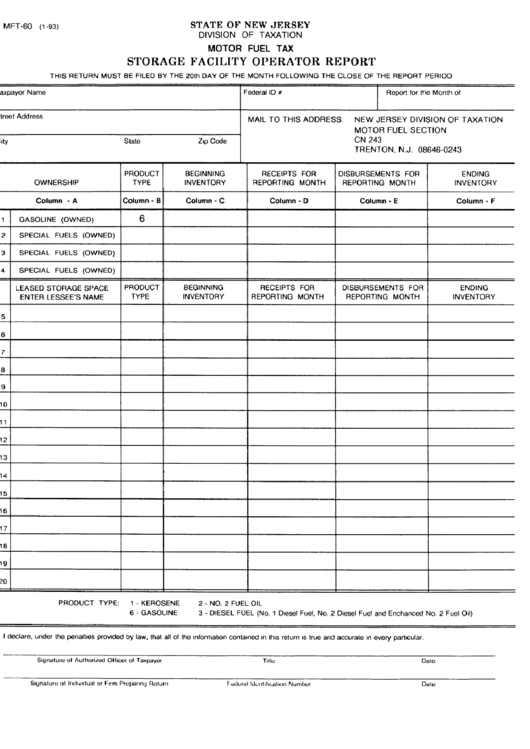 Form Mft-60 - Storage Facility Operator Report - Motor Fuel Tax Printable pdf
