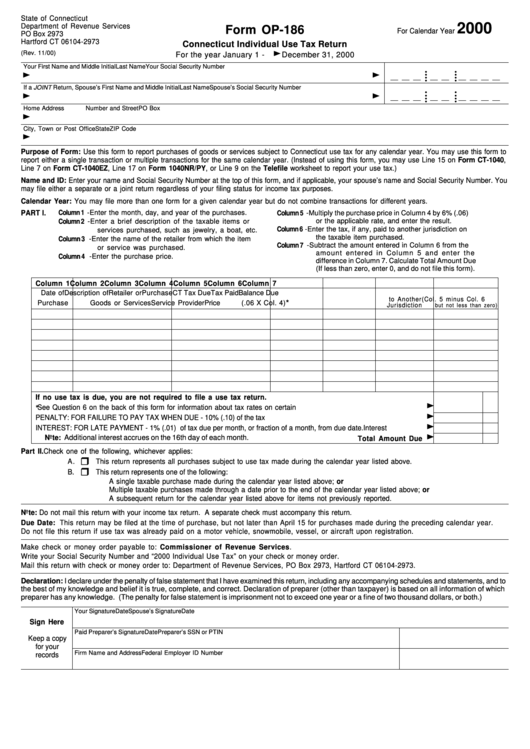 Form Op-186 - Connecticut Individual Use Tax Return - Department Of Revenue Services Printable pdf