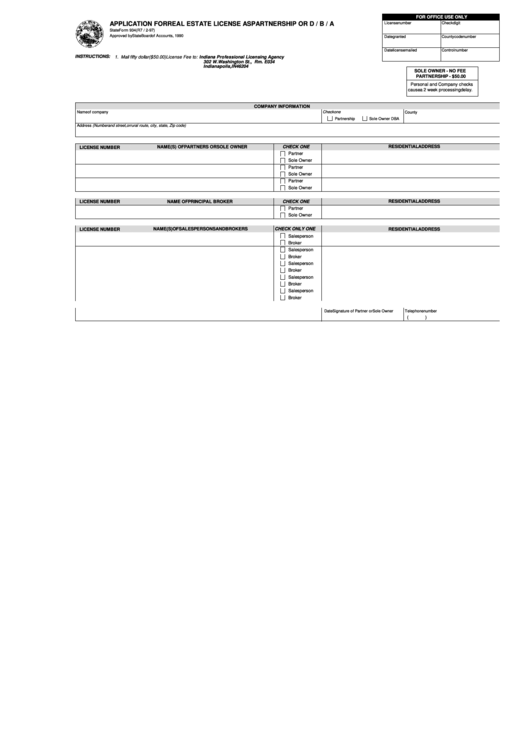 Fillable State Form 934 - Application For Real Estate License As Partnership Or D / B / A - State Of Indiana Printable pdf