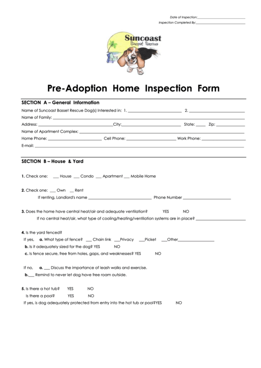 Fillable Pre-Adoption Home Inspection Form Printable pdf