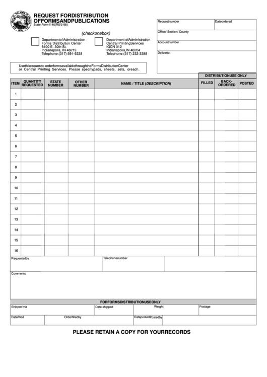 Fillable State Form 1140 - Request For Distribution Of Forms And Publications - Department Of Administration Of State Of Indiana Printable pdf