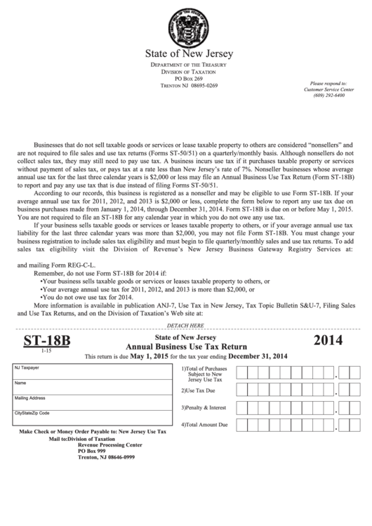 Fillable Form St-18b - Annual Business Use Tax Return - 2014 Printable pdf