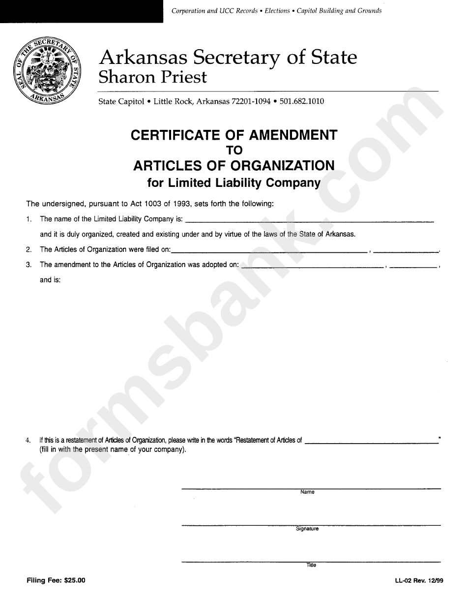 Form Ll-02 - Certificate Of Amendment To Articles Of Organization - Arkansas Secretary Of State