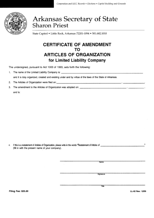 Form Ll-02 - Certificate Of Amendment To Articles Of Organization - Arkansas Secretary Of State Printable pdf