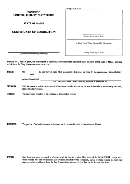 Form Mllp-17 - Certificate Of Correction - Maine Secretary Of State Printable pdf