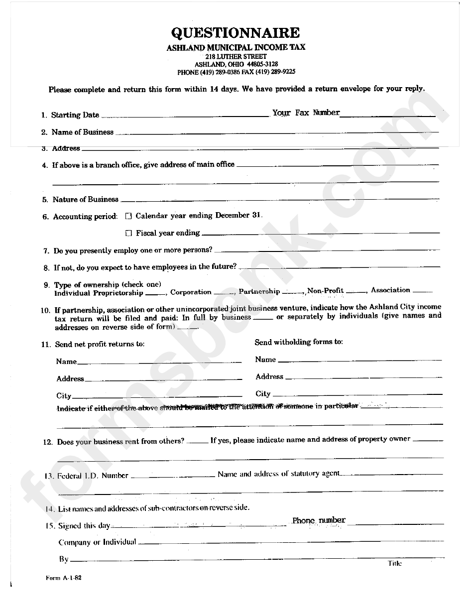 Form A-1-82 - Municipal Income Tax Questionnaire - Ashland