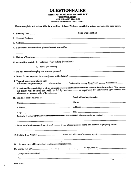 Form A-1-82 - Municipal Income Tax Questionnaire - Ashland Printable pdf