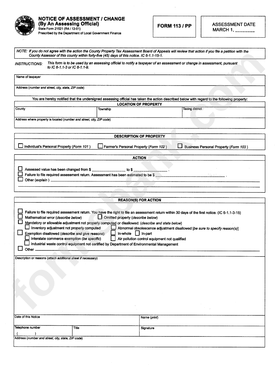 Form 113/pp - Notice Of Assessment/change - State Of Indiana