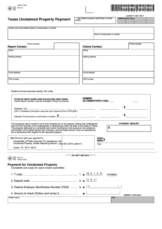 Fillable Texas Unclaimed Property Payment Form Printable pdf