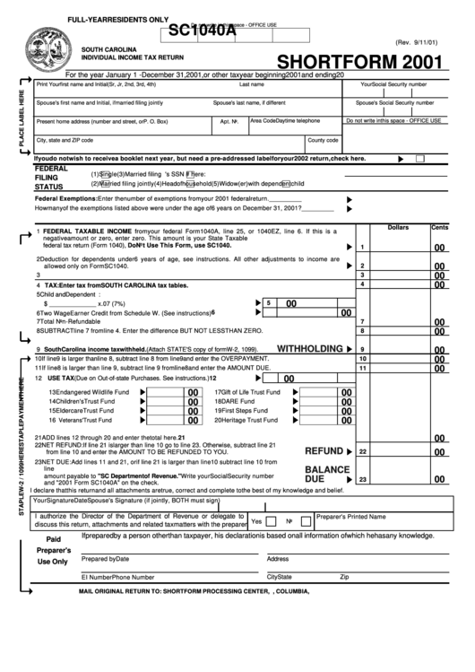 Form Sc1040a - Individual Income Tax Return - Short Form - 2001 Printable pdf