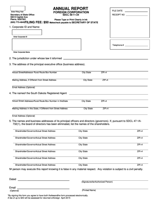 Fillable Annual Report Foreign Corporation Form - South Dakota Secretary Of State Printable pdf