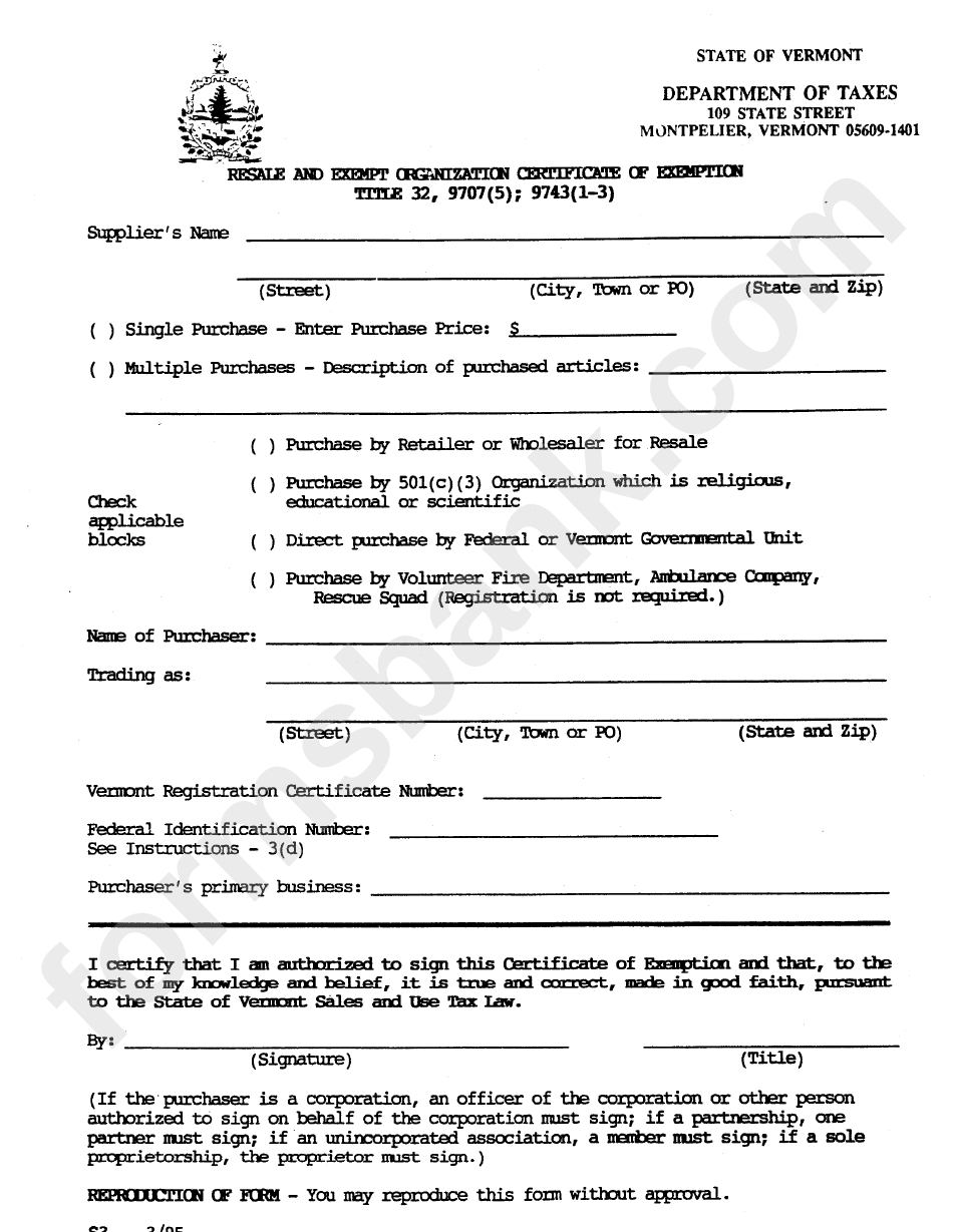 Resale And Exempt Organization Certificate Of Exemption Form - Vermont Department Of Taxes