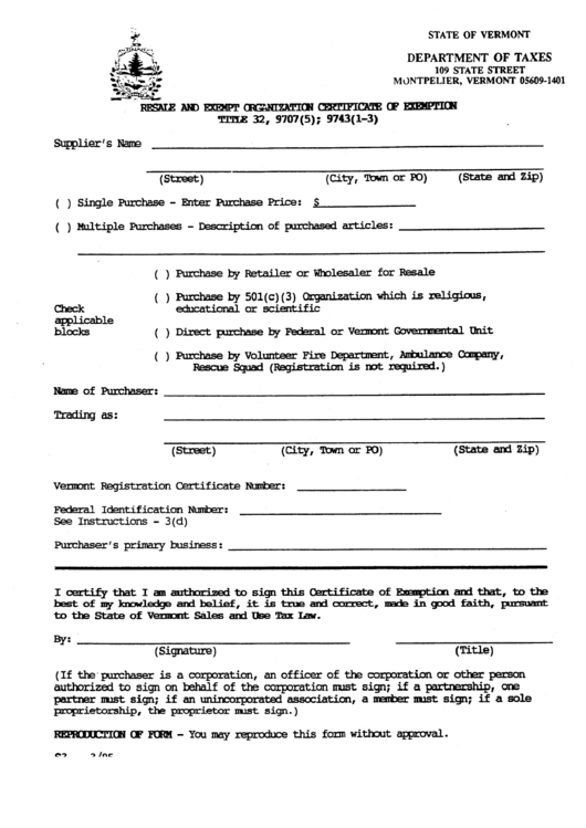 Resale And Exempt Organization Certificate Of Exemption Form - Vermont Department Of Taxes Printable pdf