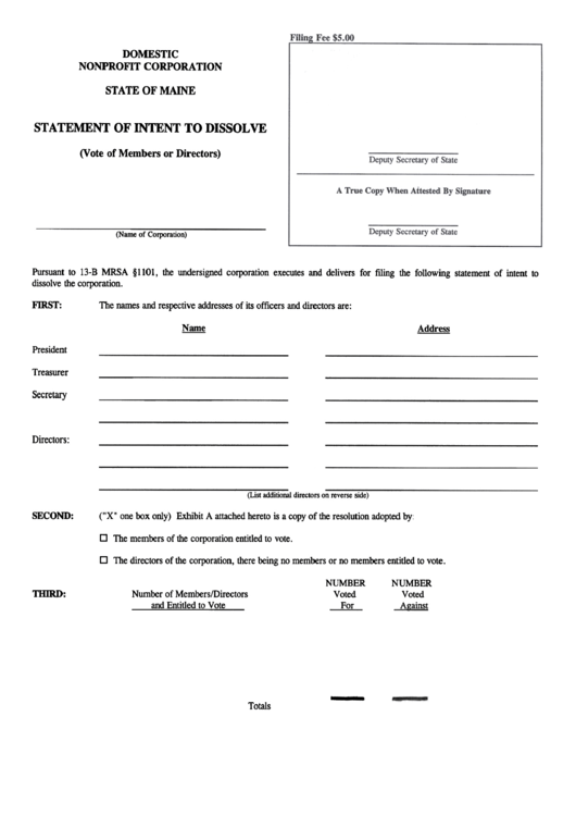 Form Mnpca-11a - Form For Statement Of Intent To Dissolve - Domestic Nonprofit Corporation Printable pdf