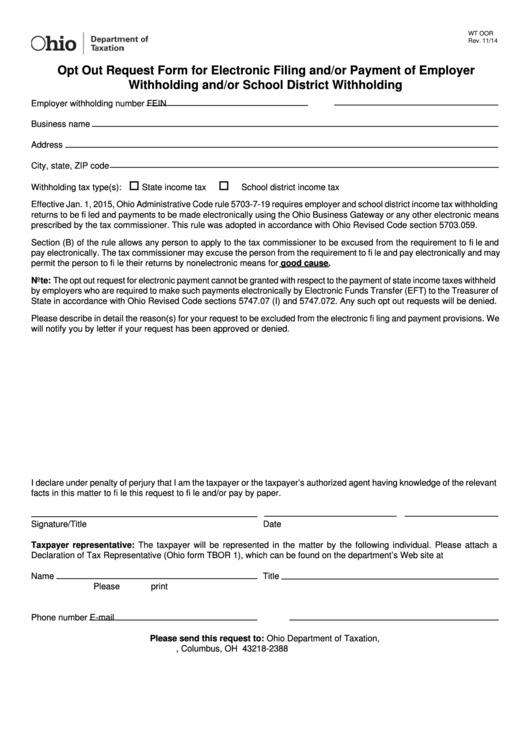 Fillable Form Wt Oor - Opt Out Request Form For Electronic Filing And/or Payment Of Employer Withholding And/or School District Withholding Printable pdf