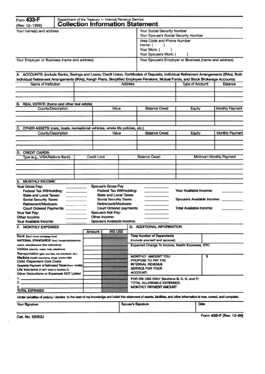 Form 433-F - Collection Information Statement - Department Of The Treasury Printable pdf