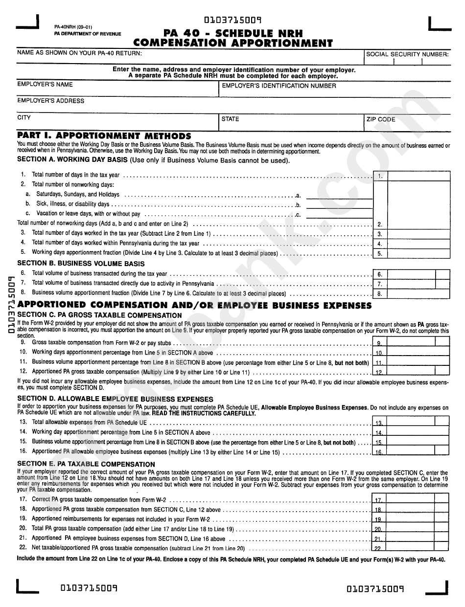 Pa 40 - Schedule Nrh Compensation Apportionment Form - Pa Department Of Revenue