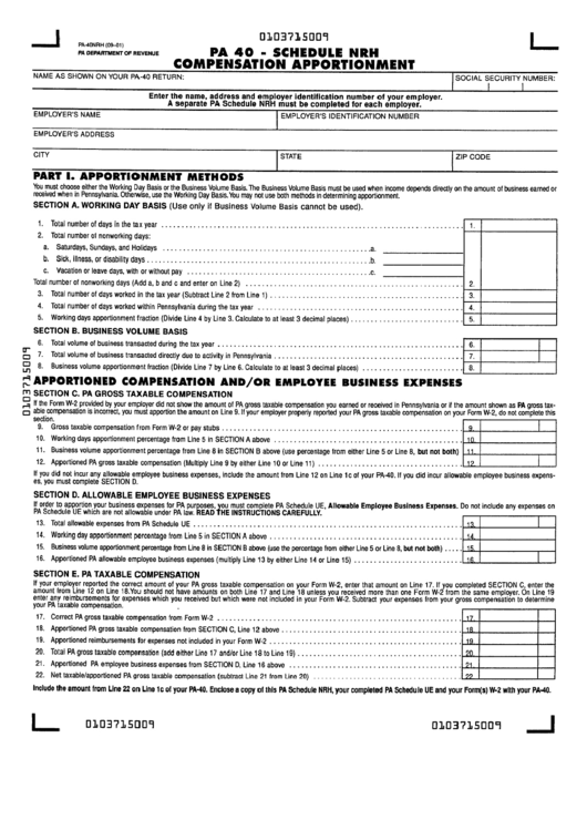 Pa 40 - Schedule Nrh Compensation Apportionment Form - Pa Department Of Revenue Printable pdf
