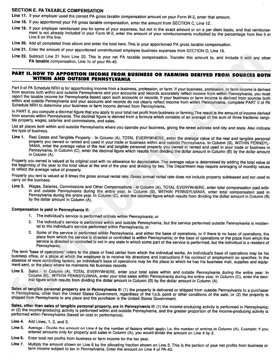 Pa 40 - Schedule Nrh Compensation Apportionment Form - Pa Department Of Revenue
