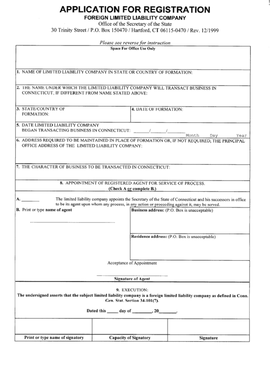 Application For Registration Form (Foreign Llc) - Connecticut Secretary Of State Printable pdf