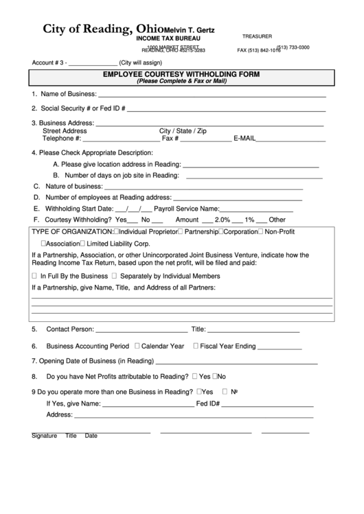 Employee Courtesy Withholding Form - Ohio Income Tax Bureau Printable pdf