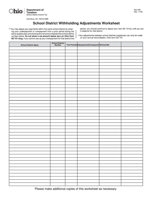 Fillable School District Withholding Adjustments Worksheet - Ohio Department Of Taxation Printable pdf