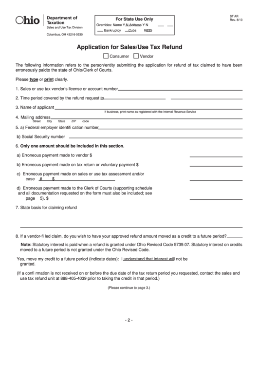Fillable Application For Sales/use Tax Refund Form - Ohio Department Of Taxation Printable pdf