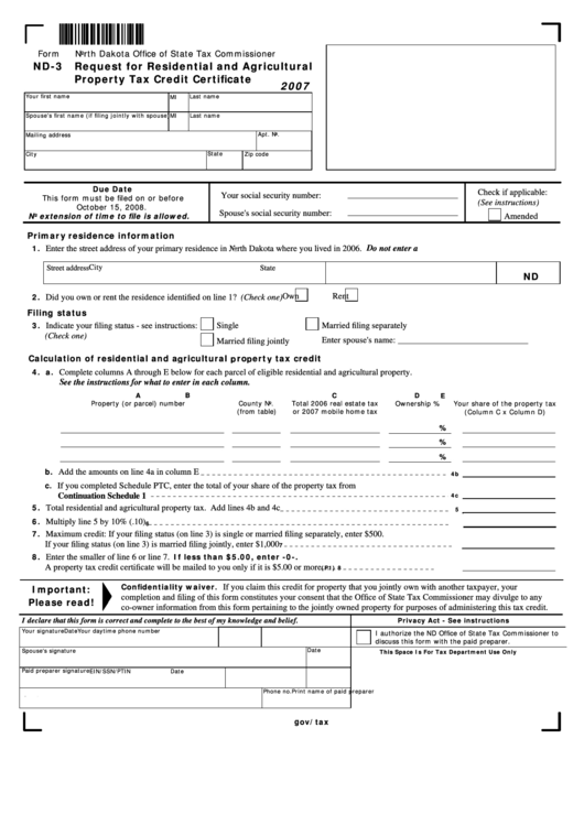 Form Nd-3 - Request For Residential And Agricultural Property Tax Credit Certificate Printable pdf