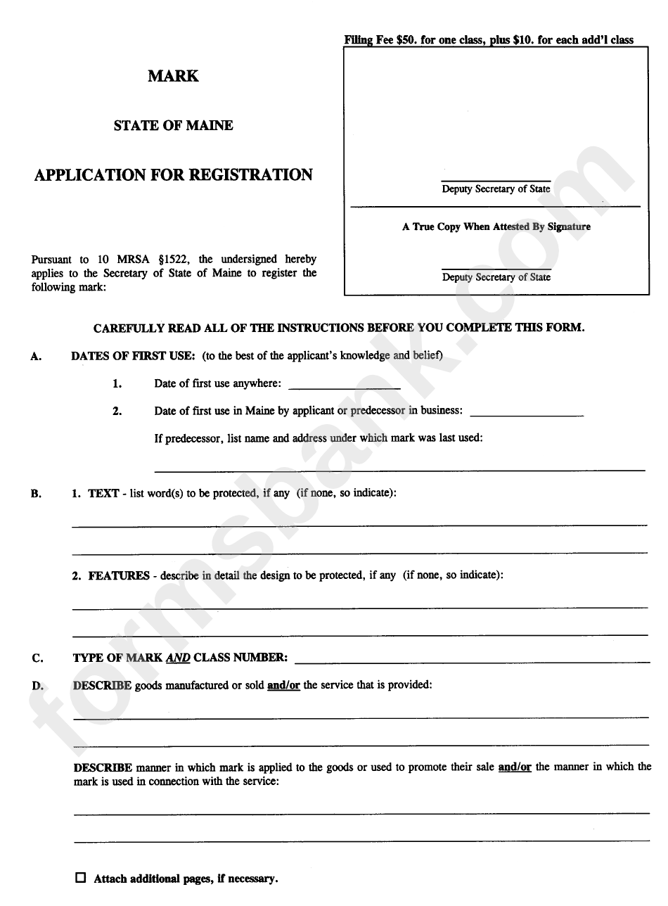 Form Mark-1 - Application For Registration - Maine Secretary Of State